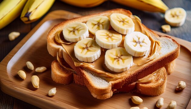 delicious toasted bread topped with creamy peanut butter and fresh banana slices on a wooden serving board