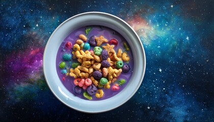 bowl of colorful galaxy soup filled with vibrant cereal against starry night backdrop