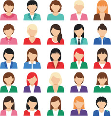 Grid of Diverse Cartoon Avatars Featuring Varied Hairstyles and Clothing Styles for User Profiles, Demographic Illustrations, Team Directories, and Creative Web Interfaces