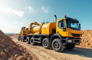 Obraz premium Large yellow truck with dewatering pump equipment on a dirt road at construction site. Heavy machinery for pumping water outdoors. Industrial vehicle with big wheels on sandy terrain.