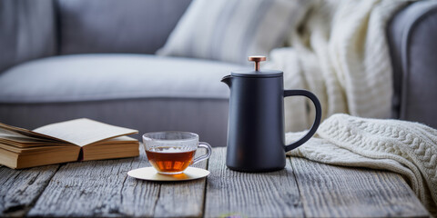 Cozy scene with a French press a cup of tea and a book on a wooden table perfect for relaxation and a warm atmosphere