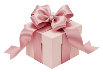 Elegant light pink gift box with satin bow isolated PNG, present for birthday or special occasion on transparent background