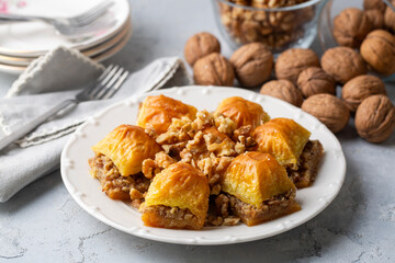 Traditional Turkish dessert; Handmade walnut baklava. Turkish name; cevizli baklava