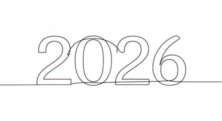 The year 2026 written in a continuous line drawing style, isolated on transparent background