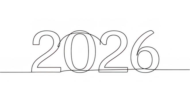 The year 2026 written in a continuous line drawing style, isolated on transparent background
