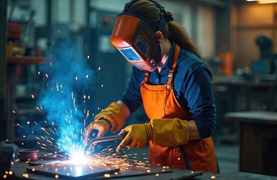 Young woman welds metal parts in busy industrial workshop. Wears protective mask, gloves, orange apron for safety. Bright sparks, blue smoke fly from metal joint. Female worker operates machine,