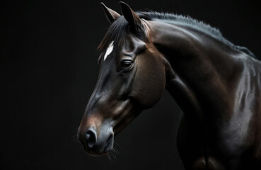 Fototapeta premium Elegant dark brown horse head portrait with white blaze. Equine animal shows grace, strength, purebred beauty against dark background. Stunning digital illustration of majestic power, perfect for