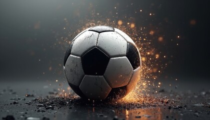 Naklejka premium 3D soccer ball explodes in burst of particles against dark background. Shattered fragments surround sphere suggesting intense impact, dynamic action. Illustration conveys power competition,