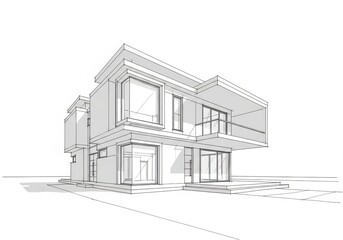 A modern architectural sketch of a multistory house with large windows and balconies