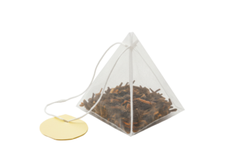 Pyramid tea bag with brown tea isolated PNG on transparent background, herbal beverage for relaxation and wellness
