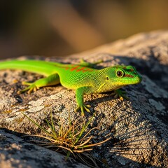 Fototapeta premium Close-up of a vibrant green gecko with red markings resting on a textured rock surface, bathed in natural sunlight.