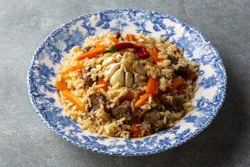 Homemade Uzbek pilaf or plov