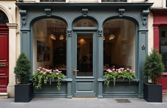 Vintage Parisian restaurant cafe facade. Elegant shop entrance with arched windows, glass door. Pink flowers in window boxes, potted evergreen trees decorate street front. Tables inside set, inviting