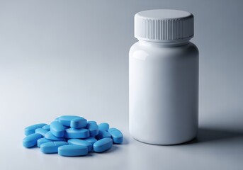 A white bottle of pills stands next to a pile of blue pills on a white surface