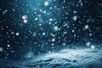 Obraz premium Soft snowflakes cascade through the night air, covering the ground in a blanket of white. This tranquil scene captures the beauty of a winter snowfall in a quiet setting