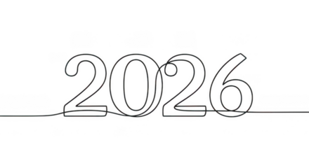 The year 2026 depicted in a continuous single line drawing isolated on a transparent background