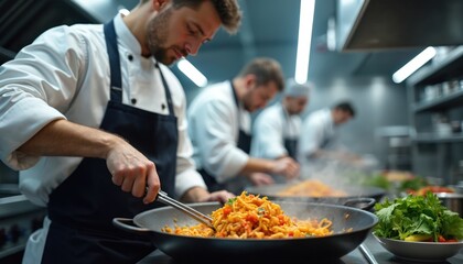 Pro chef stirs hot pasta with tongs in large wok pan. Team of male cooks works together in busy commercial kitchen preparing food for restaurant service, creating delicious gourmet meals. Man in