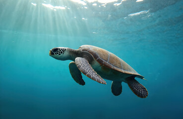 Fototapeta premium Beautiful green sea turtle swims gracefully in sunlit blue ocean. Large marine reptile glides underwater, illuminated by sunbeams. Majestic wild animal with patterned shell, flippers explores