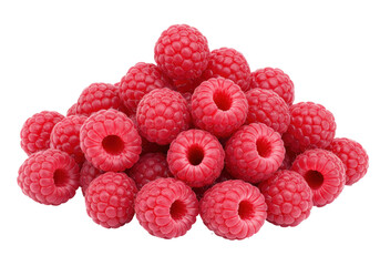 Pile of fresh red raspberries isolated PNG on transparent background, delicious and healthy fruit for dessert and snack