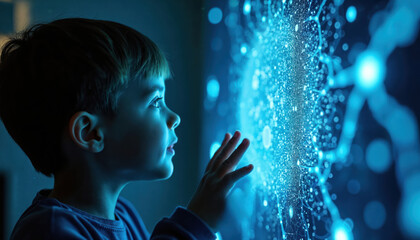 Young boy touches bright blue digital network hologram. Child learns about science, future tech, and medical research. Future generation explores cyberspace, data, and knowledge.
