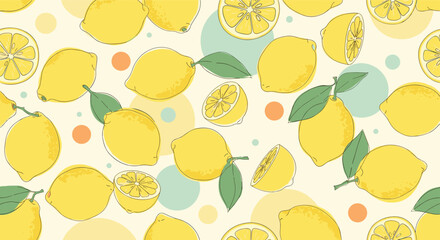 A bright and cheerful seamless pattern featuring yellow lemons and green leaves on a light background.