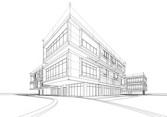 Architectural line drawing of a modern multistory building with large windows