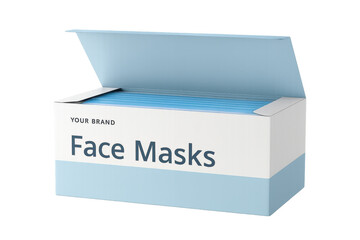 Open box containing surgical face masks on transparent background