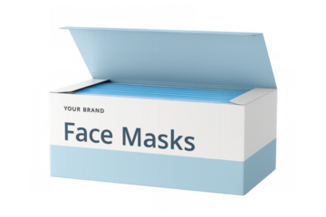 Open box containing surgical face masks on transparent background