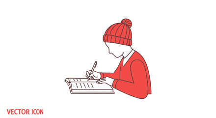 Red-Clad Figure Writing in Notebook Wearing Winter Hat.