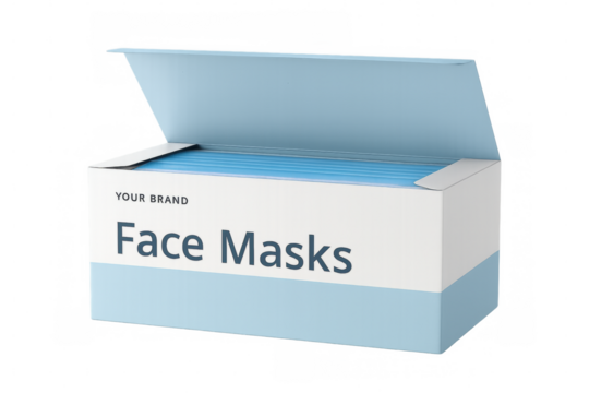 Open box containing surgical face masks on transparent background