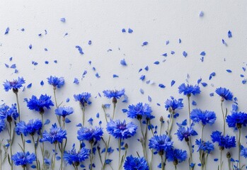 Fototapeta premium Vibrant Blue Flowers in Front of a Textured White Wall With Scattered Petals in a Serene Setting