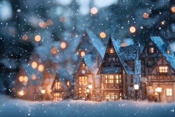 Fototapeta premium A quaint village covered in snow showcases charming houses with warm lights glowing in the windows. Soft snowflakes fall gently in the evening, creating a magical winter atmosphere