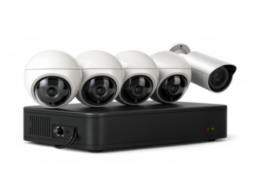 Video surveillance system with multiple cameras and digital video recorder on transparent background