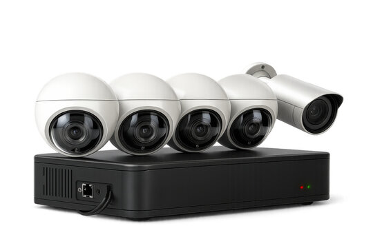 Video surveillance system with multiple cameras and digital video recorder on transparent background