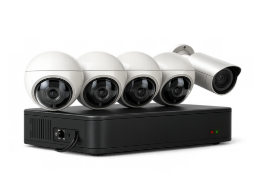 Video surveillance system with multiple cameras and digital video recorder on transparent background