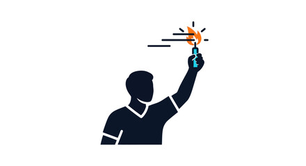 Silhouette of person raising a glowing light bulb symbolizing bright idea. © Lidot