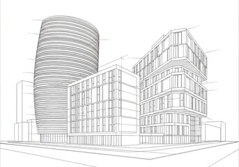 Architectural line drawing of a modern complex with a curved tower and angular buildings