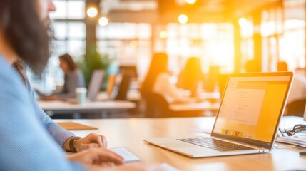 Productivity and Collaboration: Focused workers collaborate in a bright, modern office space, their laptops illuminated by the sun's warm glow, symbolizing innovation and collective effort.