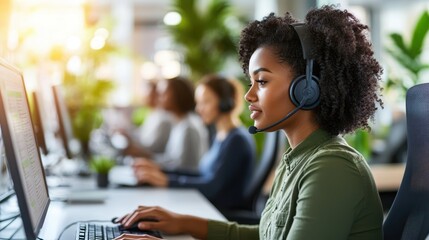 Customer Service Excellence: A focused customer service representative immersed in her work, providing support with dedication and expertise.