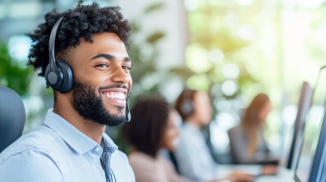 Service with a Smile: A customer service professional, his genuine smile radiating warmth, is deeply immersed in providing exceptional support, supported by a dedicated team.