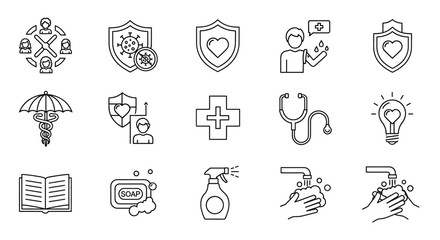 Collection of healthcare and protection related line icons in a grid layout
