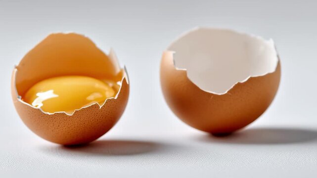 Bright Yellow Yolk Shines in Broken Eggshells on a White Surface, Perfect for Breakfast