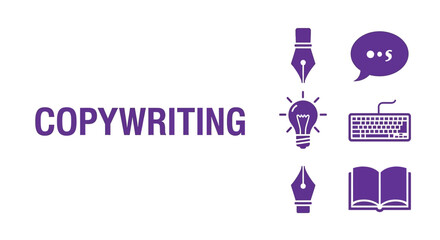 Visual elements representing copywriting including pens bulbs and keyboards
