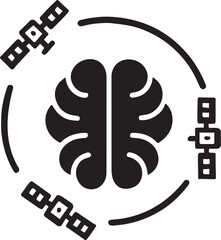  Silhouette icon of digital brain surrounded by small satellites, concept of global AI connectivity.