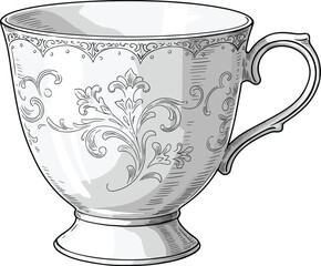 Vintage ornate teacup illustration with floral patterns, decorative handle, and pedestal base in classical black and white style for antique kitchenware vector design