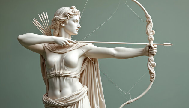 Marble statue of Greek goddess Artemis with bow, arrow. Classic sculpture of ancient woman archer hunting, ready to shoot. Mythological Roman deity Diana represents strength, focus, precision,