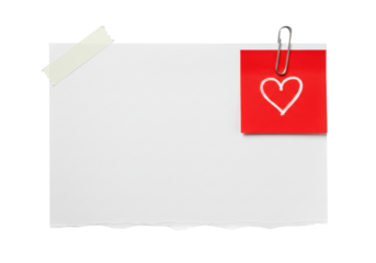 Red sticky note with heart and paper clip isolated PNG, love message on transparent background for Valentine s Day design