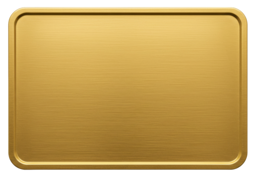 Gold metal tray isolated on transparent background, golden serving platter for food presentation and decorative purposes PNG