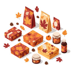 Autumnal gift boxes and jars adorned with maple leaf patterns, surrounded by fallen leaves and pinecones.