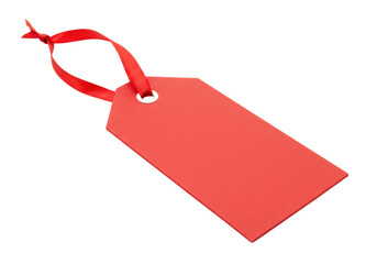 Red gift tag with ribbon isolated PNG on transparent background, blank label for price or product information